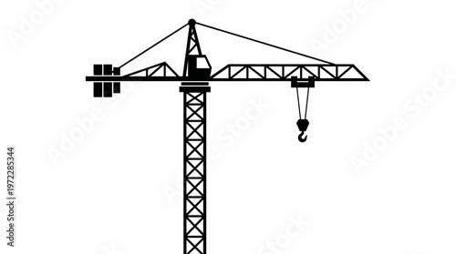 Black Outline Tower Crane Icon for Construction Industry on Isolated White Background