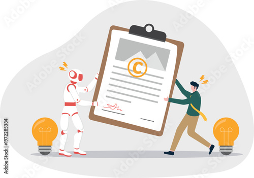 Robot and professional holding a giant copyright document