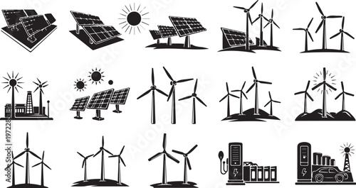 Renewable Energy Icons Wind Turbines Solar Panels