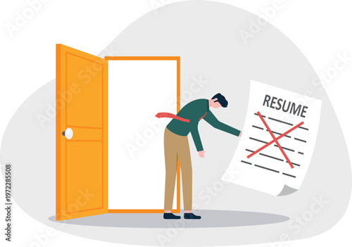 Professional walking through a door with a rejected resume