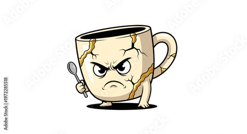 Angry cracked coffee cup cartoon character.