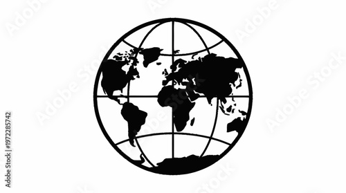 Illustration of a black globe with world map lines on white background