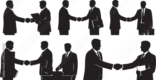 Businessmen Shaking Hands in Various Professional Settings Silhouettes