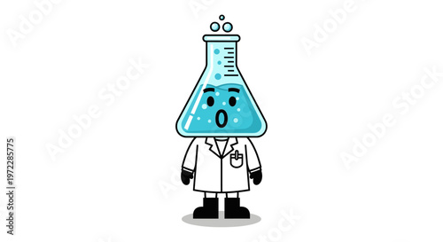 A cartoon character with a beaker head.
