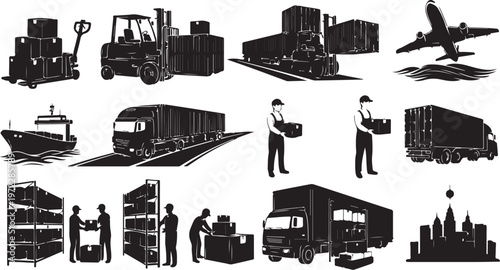 Logistics and transportation icons in black silhouette style