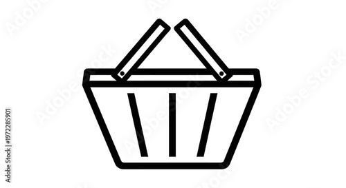 Minimalist black and white line drawing of a shopping basket with handles and a hollow interior.
