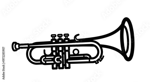 Black and white line drawing of a detailed trumpet with visible valves and bell curves.