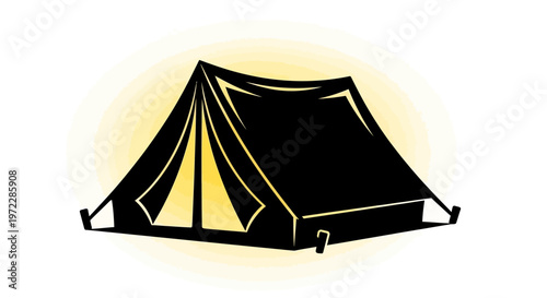 Yellow-tinted illustration of a camping tent against a glowing background, with poles and open flaps.