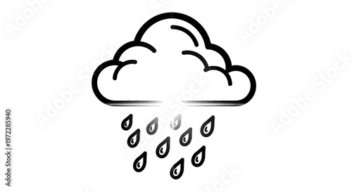 Black and white vector illustration of a rain cloud with drops falling from it.