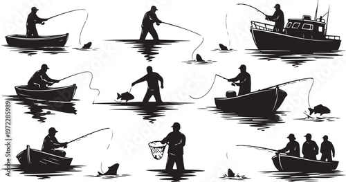 Silhouette of people fishing on the water