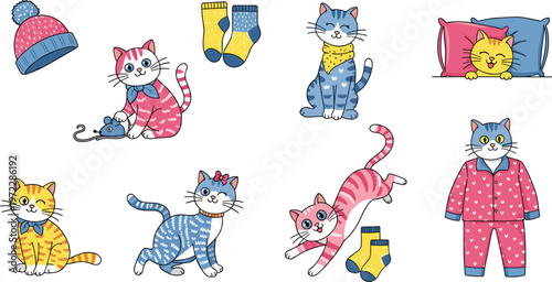 Cozy Cat Vector Set with Winter Accessories, Pajamas, and Playful Poses for Animal Lovers, Pets, and Cute Illustrations