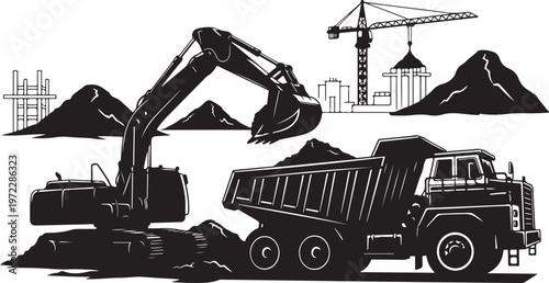 Construction Site with Excavator and Dump Truck Silhouette
