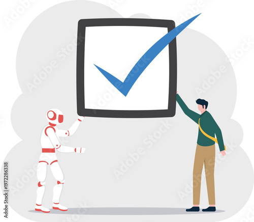 Robot and professional holding a giant blue checkmark