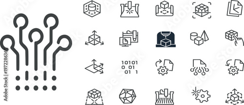 3D Modeling, 3D Scanning. Vector Icons Set for Web and App in Outline Editable Stroke. Premium Icons Pack on Engineering, Product Development and Creation.eps