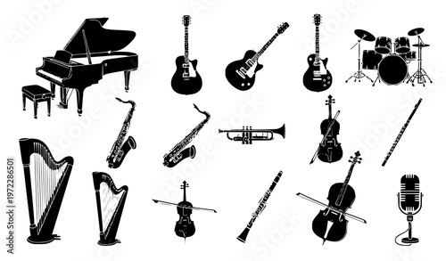 A collection of black silhouettes of various musical instruments on a white background