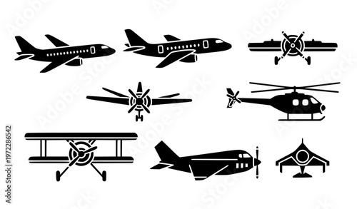 A collection of black silhouette airplane and helicopter vector icons