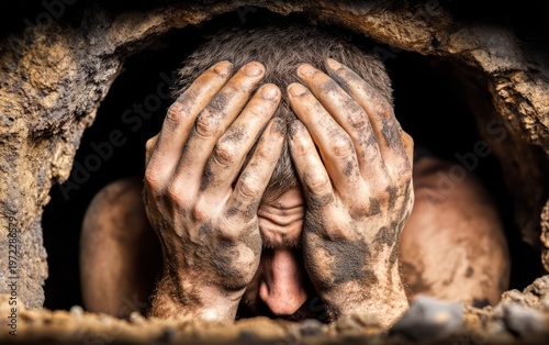 Miner Emerging from Dark Tunnel with Hands on Face in Despair