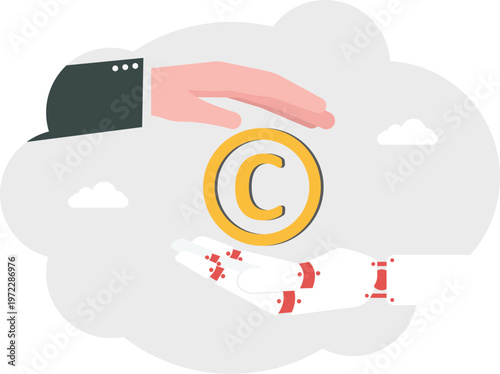 Professional and hand offering a copyright symbol coin