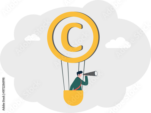 Professional looking at copyright balloon with telescope