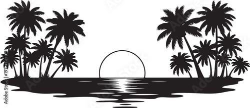 Tropical Island Silhouette at Sunset with Palm Trees