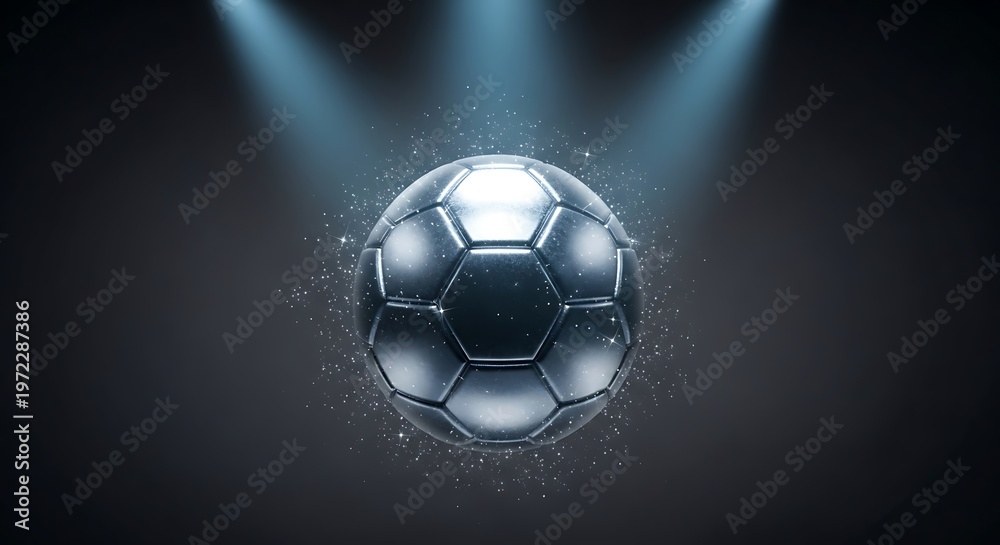 Fototapeta premium A gleaming metallic soccer ball illuminated by three spotlights on a dark background with subtle particle effects, creating a dramatic and powerful sports aesthetic.