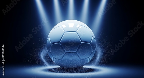 A soccer ball illuminated by bright spotlights with a mystical blue glow and dust particles around it, set against a dark background.