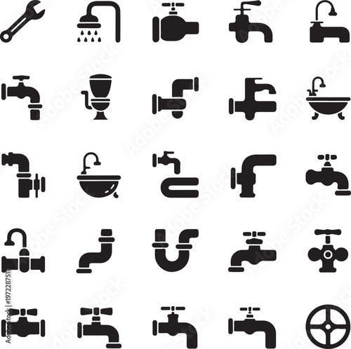 Comprehensive collection of plumbing tools and fixtures icons set