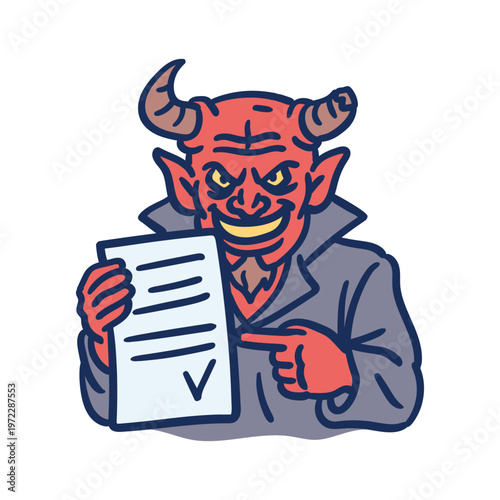 Devil is holding contract and smiling. Hand drawing. Vector Illustration