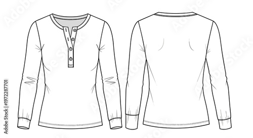 Long Sleeve Henley Shirt Front and Back View Flat Fashion Sketch for Apparel Design