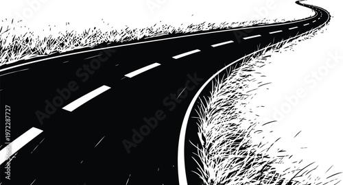 Winding road to the horizon a black and white illustration