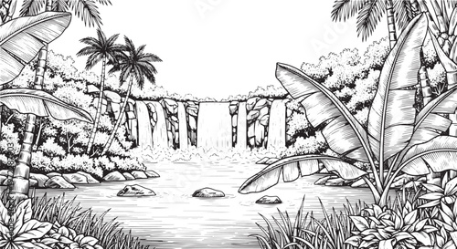Detailed Hand-Drawn Illustration Lush Tropical Jungle Landscape with Majestic Waterfall Cascading into a Serene River, Surrounded by Exotic Foliage and Towering Palm Trees