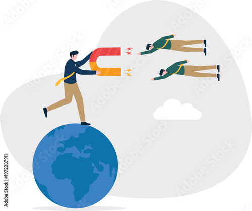 Professional on a globe attracting candidates with a magnet