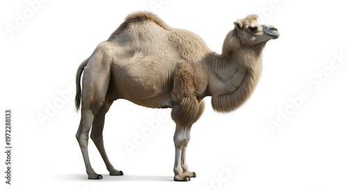 Detailed image of a standing camel with humps and long neck looking right with beige fur and long eyelashes
