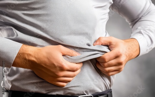 Man Squeezing Loose Shirt Over Stomach with Focus on Hand Action