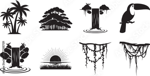Assortment of vector silhouettes depicting tropical jungle elements, including palm trees, dense forests, waterfalls, toucans, sunsets, and hanging vines for design