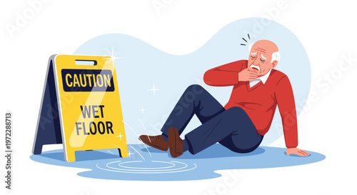 Senior man in pain after slipping and falling on a wet floor next to a yellow caution sign in a public place.