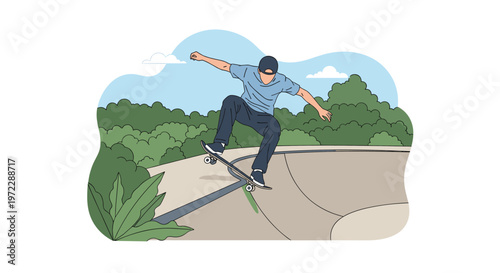 Athletic young man performing a trick on a skateboard at a concrete bowl in an outdoor urban skate park with trees.