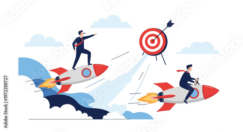 Two business competitors riding fast rockets towards a bullseye target representing market success and goal achievement.