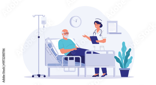 Friendly nurse or doctor standing by the bed of an elderly male patient in a clean modern and professional hospital room.