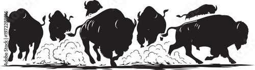 Bison herd running through snowy landscape in black silhouette style