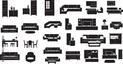 Collection of various furniture icons in black silhouette on white background
