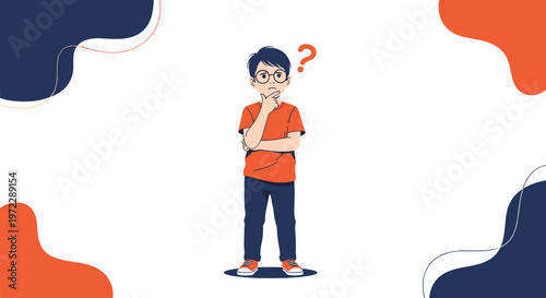 Young boy in glasses and an orange shirt looking thoughtful with a question mark above his head on a modern background.