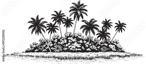 A serene hand-drawn illustration capturing a picturesque tropical island, featuring a lush cluster of palm trees and dense vegetation, symbolizing an untouched paradise and tranquil escape