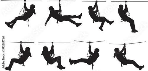 Dynamic silhouettes of a person engaged in rope activities, including rappelling, zip-lining, and traversing. Ideal for extreme sports, adventure, and outdoor designs