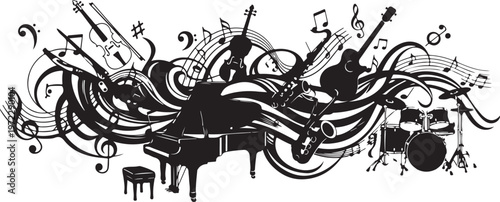 Music Instruments and Notes in Black and White Vector Illustration