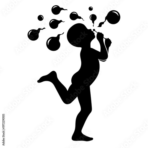 Black silhouette of a child playing with bubbles, fun and playful vector illustration, kid blowing soap bubbles, whimsical design element