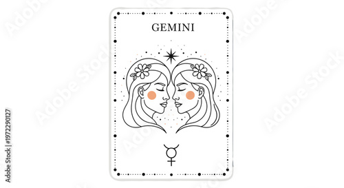 Elegant black and white illustration of the Gemini zodiac sign featuring twin faces with floral details and stars.