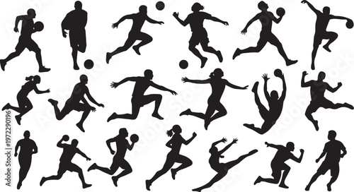 Silhouettes of athletes playing various sports in dynamic poses and movements