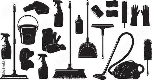 Cleaning tools and equipment in black silhouette on white background