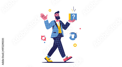 Charismatic magician in a stylish blue suit walking and holding a mysterious yellow box with a question mark.